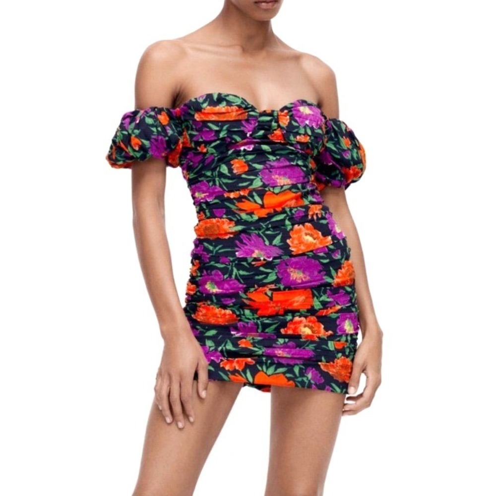 ZARA Floral Ruched Off Shoulder Puff Sleeve Mini Dress Bodycon Party Chic XS
